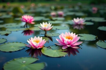 Water lilies creating a floral pattern on a lake's surface, aesthetic, orange