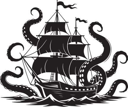 Vector illustration of a pirate ship with octopus tentacles, in silhouette, ideal for fantasy, sea-themed designs
