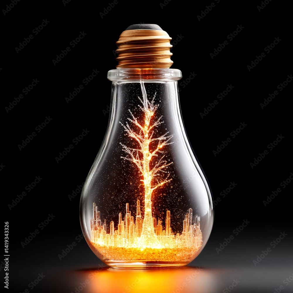 Poster illuminate the future: a glowing cityscape and tree of light inside a bulb, representing innovation 