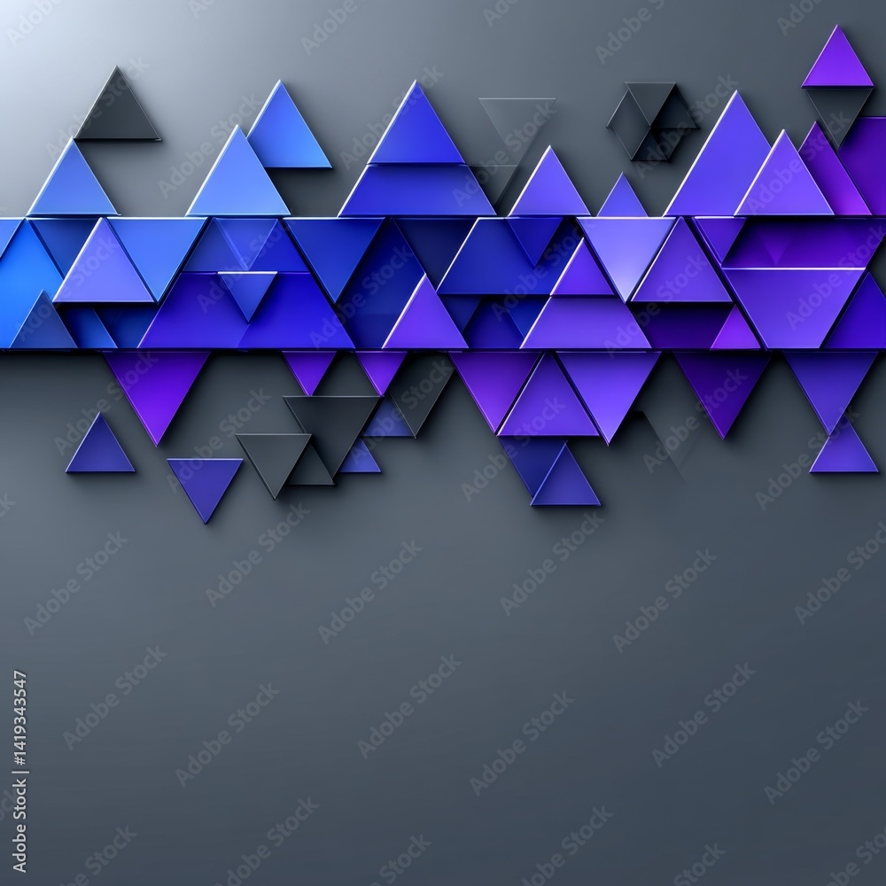 Poster modern geometric arrangement: 3d triangles in shades of blue and purple on a gray gradient backgroun
