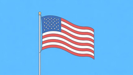 Obraz premium Waving proudly against the blue sky, the American flag, a powerful symbol of United States patriotism, displays its stars and stripes in the wind