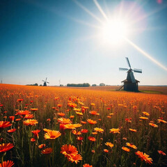 High-angle shot, bright lens flare, warm autumnal colors. A flower field, windmill in the distance, earthy tones, light streaks, vibrant hues.jpg