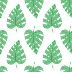 Fototapeta premium Seamless tropical pattern with monstera-style leaves in green. Great for textile, eco-friendly packaging, and summer-themed designs. Bold and fresh nature vibe.