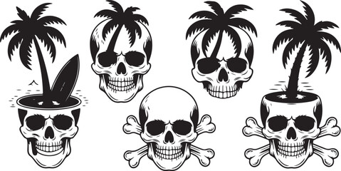 Fototapeta premium Silhouette vector illustration of skulls with palm trees, representing a tropical and edgy theme