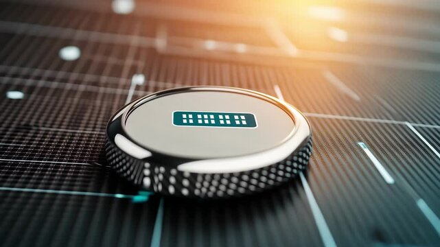 Sleek metallic token on digital surface embodies modern technology and innovative design, inviting exploration of future.