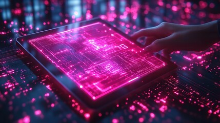 Digital tablet technology pink neon glow circuit board tech future innovation device connection network