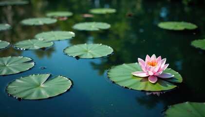 Lily pads and blossoms create a repeating pattern across a still lake, botanical illustration, image, flower