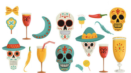 Colorful Day of the Dead Decorations with Sugar Skulls, Drinks, and Festive Elements for Celebrations and Parties