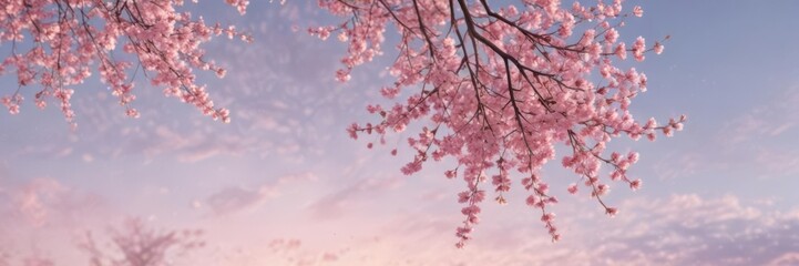 Delicate pink sakura petals drift on a pastel sky , sakura, peaceful