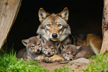 Fototapeta premium Wolf mother with her playful pups in a natural den during the day displaying a nurturing bond in the wild