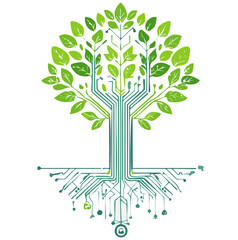 Green Technology Tree with Circuit Roots and Digital Leaves, Symbol of Eco-Friendly Innovation and Sustainable Tech

