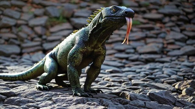Megalania prisca, an extinct giant monitor lizard, traverses a rocky terrain while extending its forked tongue under the warm sunlight of a clear day, embodying prehistoric wildlife