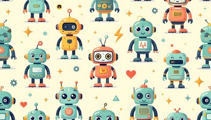 Cute Robots Seamless Pattern Colorful Background for Kids Creative Design
