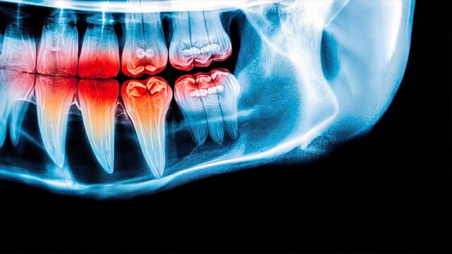 X ray of teeth with red and white coloring on a black background, highlighting dental health, Dental care, dental clinic, emergency dentist concept