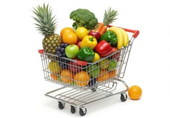 Shopping cart filled with fresh fruits and vegetables isoleted on white background