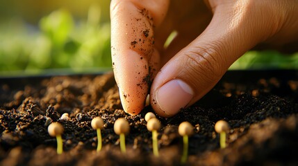 Hand planting seeds in rich, dark soil.