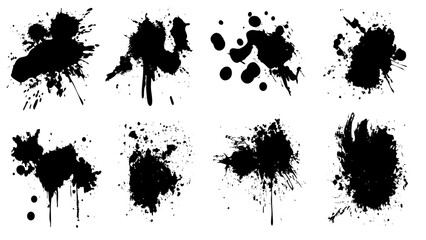 Black ink splatters on white background create abstract patterns and textures