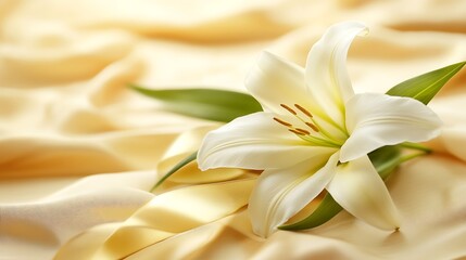 Obraz premium Elegant white lily with green leaves on flowing light yellow silk cloth. For greetings & condolences