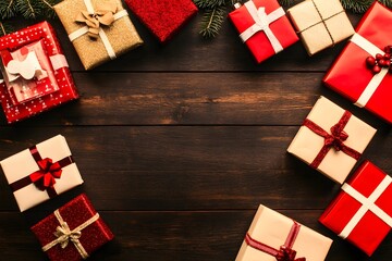 Fototapeta premium Christmas Gift Boxes Festive Background Wooden Texture