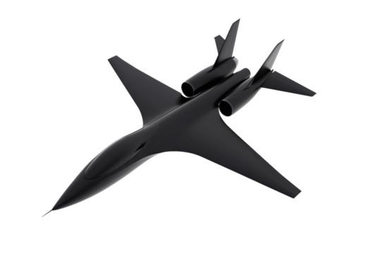 A sleek, futuristic aircraft featuring a streamlined design with dual engines positioned on top of the wings.