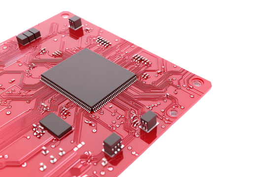 A close-up view of a red circuit board featuring various electronic components and intricate pathways.