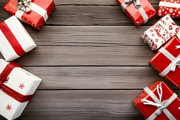 Fototapeta premium Festive Christmas Gifts on Rustic Wooden Background