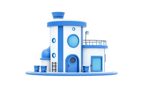 A whimsical blue and white building featuring circular windows and a rooftop deck.