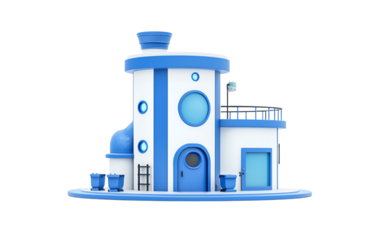 A whimsical blue and white building featuring circular windows and a rooftop deck.