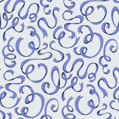 Coquette Blue Ribbon Swirls Seamless Pattern. Whimsical Hand-Drawn Curls in Soft Blue Tones. Feminine and Flirty Background Perfect for Valentine's Day, Stationery, Gift Wrap, Romantic Designs.