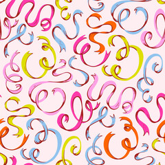 Playful Colorful Ribbon Seamless Pattern. Vibrant Hand-Drawn Doodle Curls in Bold Colors. Fun Kids’ Design Perfect for Invitations, Wrapping Paper, Fashion Prints, Cheerful Creative Projects.