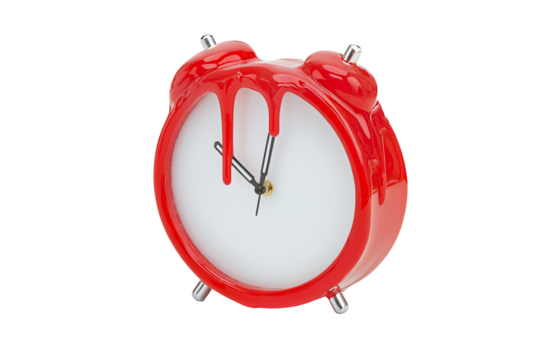 A quirky red alarm clock with a melting design, featuring black hands and a shiny finish.