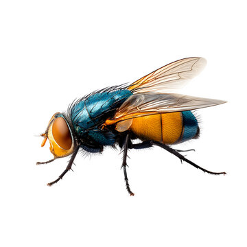 Blue bottle fly with orange-bearded or bottlebee, Calliphora vomitoria, isolated on white, side view --v 7.0
