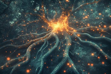 Tree with digital roots and glowing data streams. Fractal leaves represent AI ideas. Electric green, neon orange, soft white colors. Floating particles symbolize knowledge and growth.