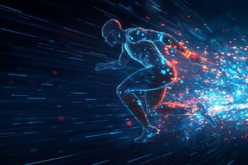 Futuristic runner. smart sportswear. biometric interface. glowing body. dark background. motion energy. human projection. stylish fitness. high-tech design. future athletics.