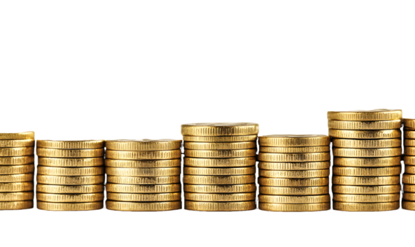 rising financial value, gold coins in increasing stacks isolated on transparent background