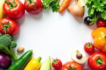 Variety of organic fruits & vegetables on white, simple, yellow, garden