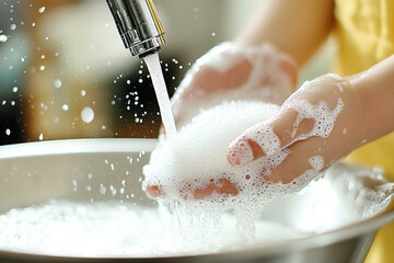 Fototapeta premium Washing hands with soap under running water home kitchen photography bright environment close-up hygiene awareness