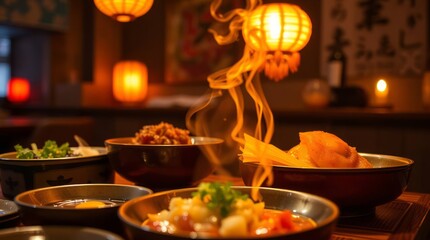 Japanese cuisine, warm candlelight, vivid electric colors, flickering flames, warm glow, warm slight dark tones, charming features, professional photography style, soft contrast and saturation.