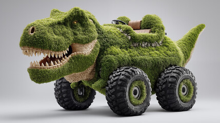Fototapeta premium Monster truck made of green grass on a gray background. 3d rendering.
