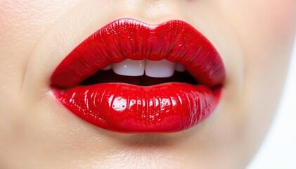 Fototapeta premium Close-up vibrant red lipstick, pristine white backdrop, isolated, cosmetic