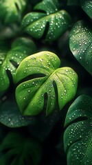 Fototapeta premium Mobile Wallpaper Close up of Lush Green Monstera Leaves with Water Droplets