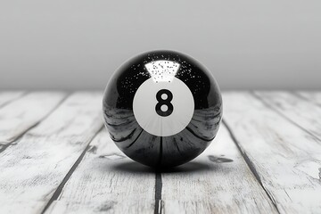 Black eight ball on white wooden table; 3D render; game of billiards; use in sports or game related publications