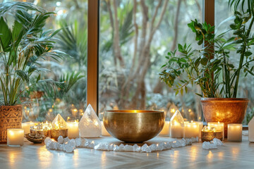 Meditation ritual with singing bowl serene garden decorative arrangement natural light peaceful setting for mindfulness