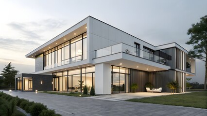Fototapeta premium A sleek modern architectural building with a reflective glass dome and curved steel structures, rising above an Eastern urban skyline at dusk.