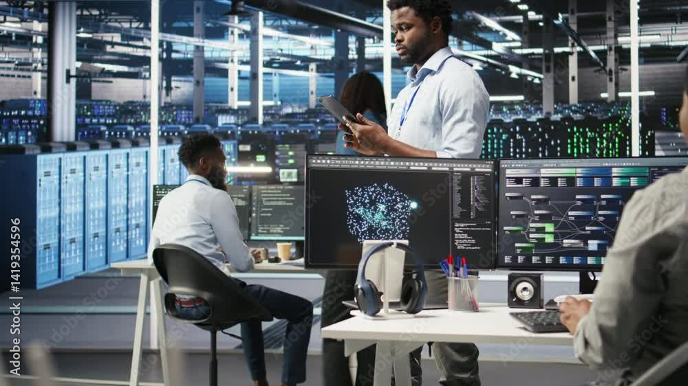 Poster data center technician using tablet to do node tree programming, optimizing resource allocation. ser
