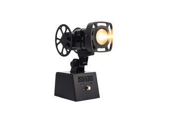 A vintage film projector with a bright lens, showcasing a classic design and intricate detailing.