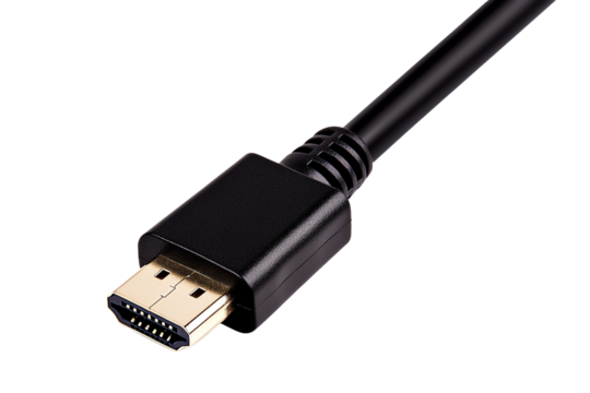 A close-up of a black HDMI cable connector showcasing its detailed design and metallic pins.
