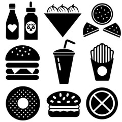 Minimalist Line Icons of Popular Fast Food Items in Black and White.