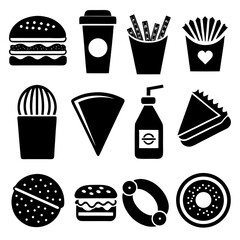 Minimalist Line Icons of Popular Fast Food Items in Black and White.