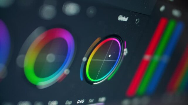 Close up: screen monitor is a cinema color correction media post production software. Video editing and professional film grading program, interface. Bar and wheels. Macro shot